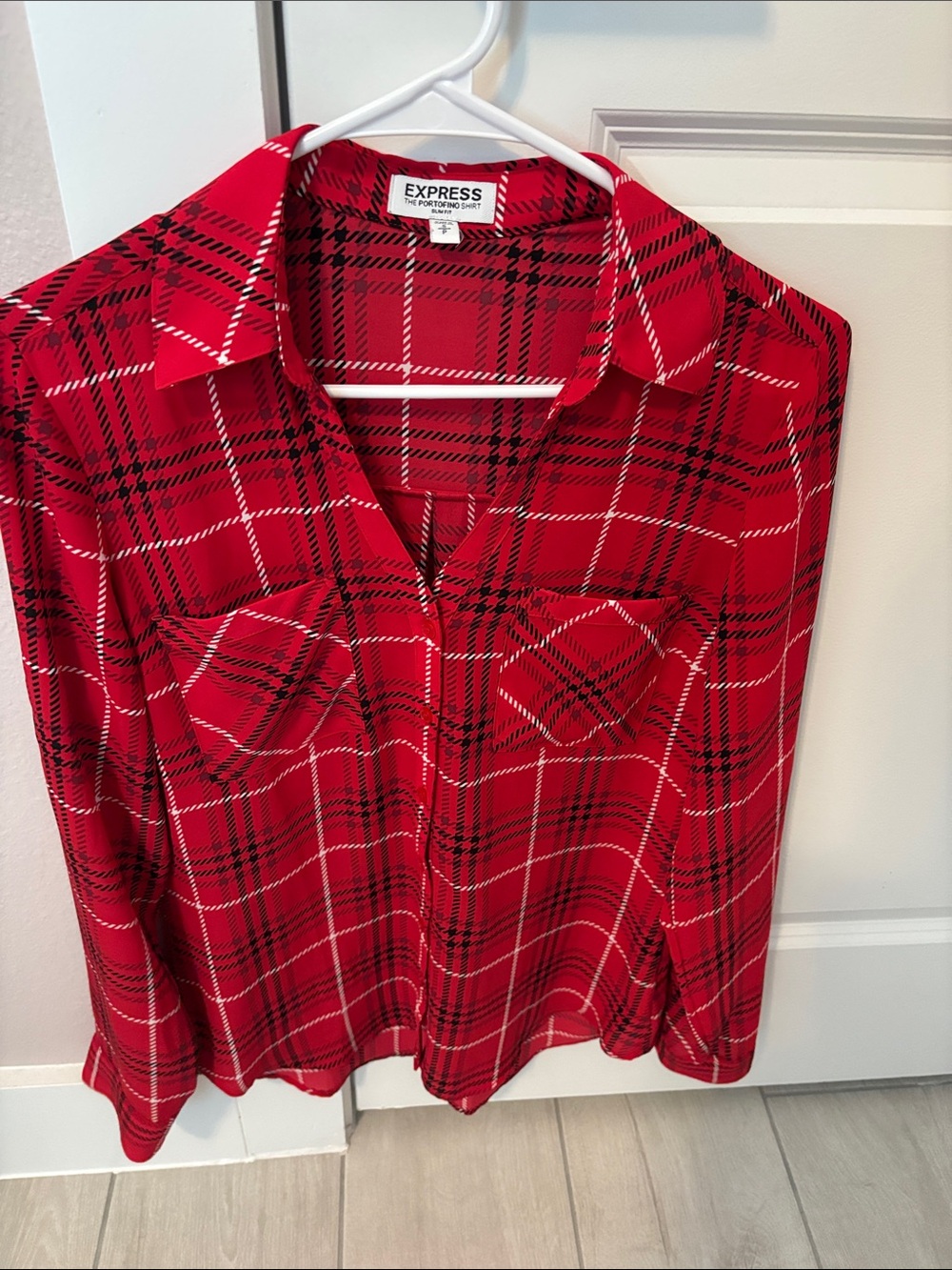 Express Red Plaid Button-Down Top, Slim Fit Portofino Shirt